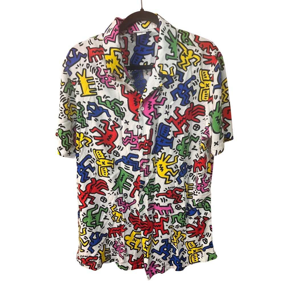 Ripple Junction Keith Haring Dancing Man All-Over Print Rayon Shirt 110927 Large